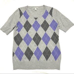 Banana Republic Merino Wool Grey Purple Argyle Short Sleeve Sweater Tee